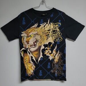 Vintage Y2K Christian Audigier Tiger Print T-Shirt Mens XL Black AOP Rhinestone